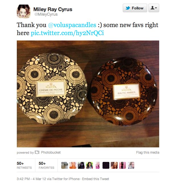 Atriz Miley Cirus revela suas velas favoritas no Twitter